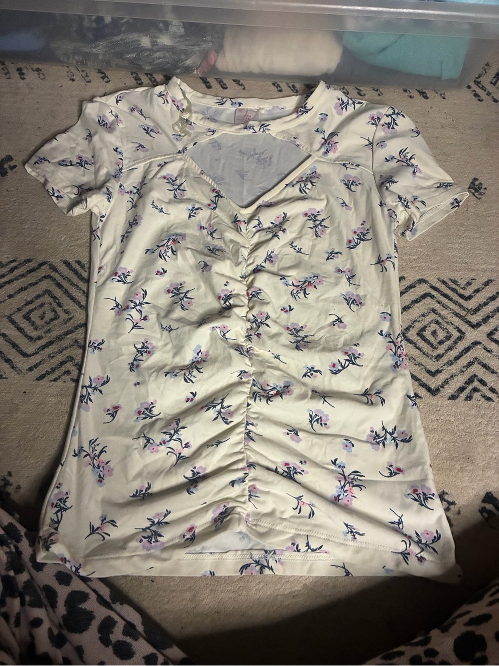 Floral Ruched Short Sleeve Top - Cream with Pink & Blue Floral